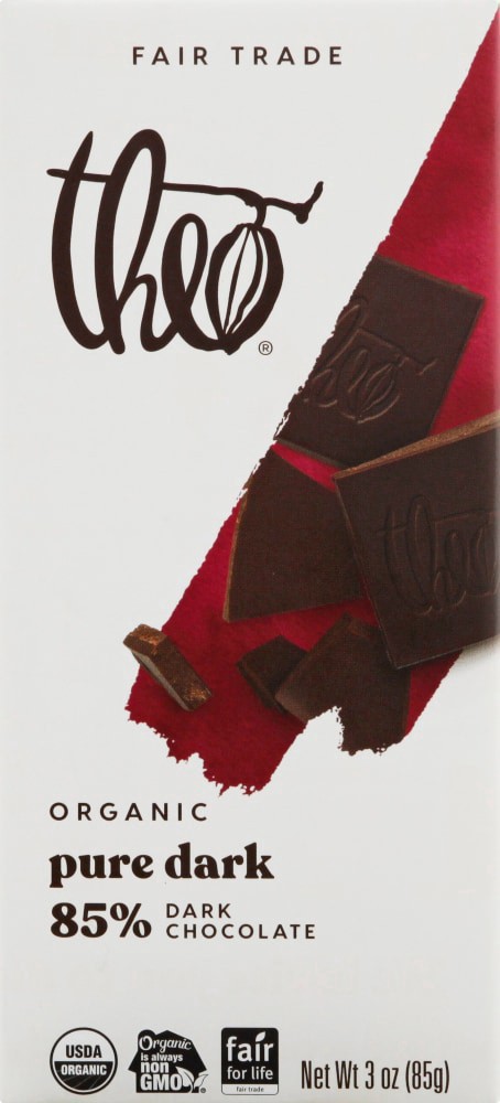 slide 1 of 1, Theo Organic 85% Dark Chocolate Bar, 3 oz