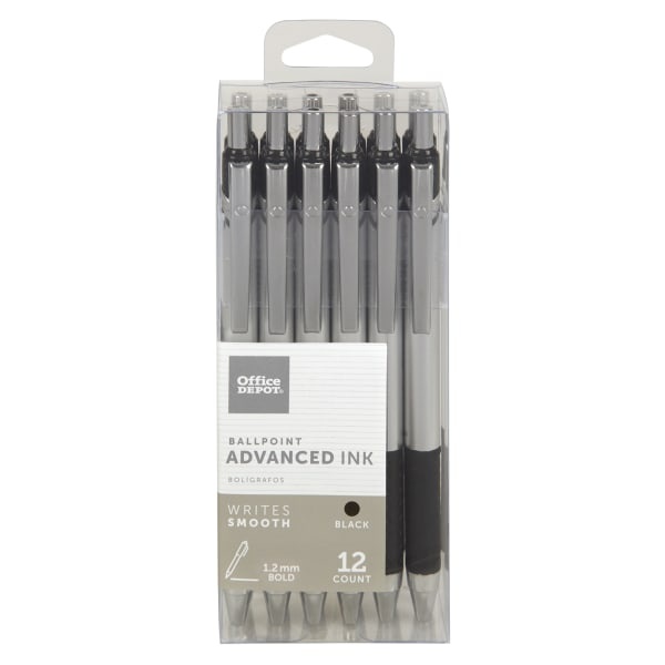 slide 1 of 2, Office Depot Brand Advanced Ink Retractable Ballpoint Pens, Bold Point, 1.2 Mm, Silver Barrel, Black Ink, Pack Of 12, 12 ct