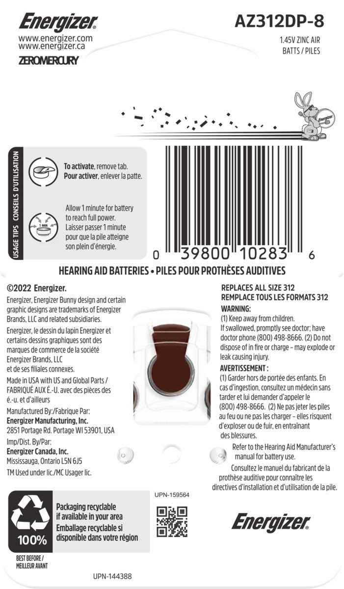 slide 2 of 3, Energizer Hearing Aid Size 312 Batteries (AZ312DP-8), 8 ct