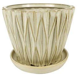 Dimensional Ceramic Planter with Attached Saucer, Bright White, 7.5 in