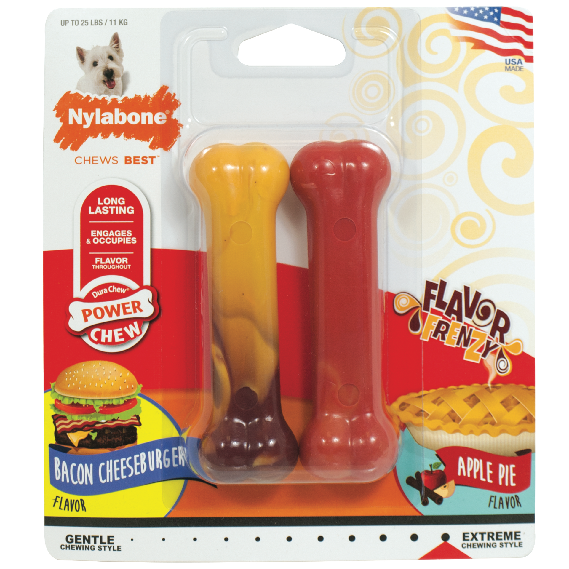 slide 1 of 9, Nylabone Power Chew Flavor Frenzy Durable Dog Chew Toys Twin Pack Bacon Cheeseburger & Apple Pie Small/Regular - Up to 25 Ibs.(2 Count), 2 ct