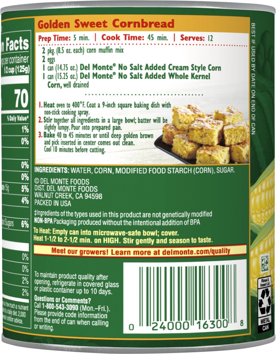 slide 2 of 4, Del Monte No Salt Added Golden Sweet Corn Cream Style, 14.75 oz Can, 14.75 oz