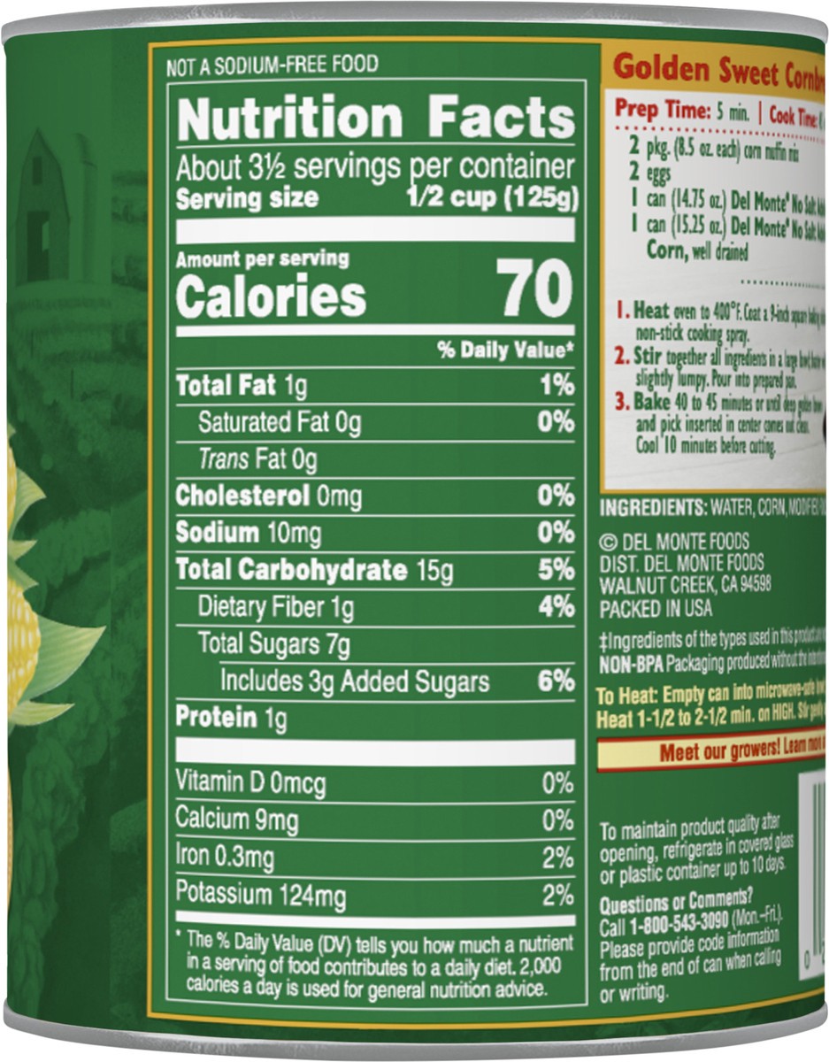 slide 4 of 4, Del Monte No Salt Added Golden Sweet Corn Cream Style, 14.75 oz Can, 14.75 oz