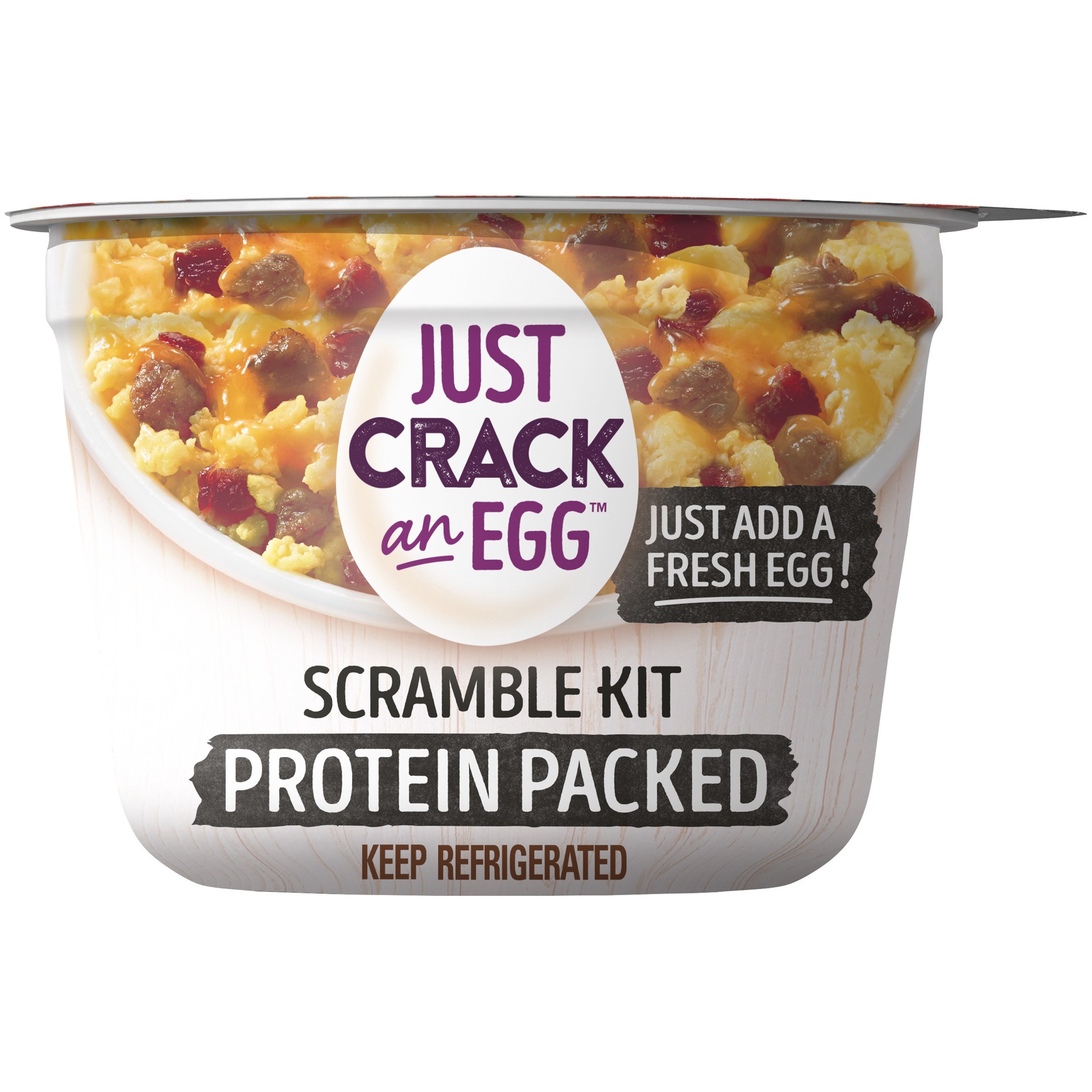 slide 1 of 9, Just Crack an Egg Scramble Kit Sharp Cheddar Cheese, Pork Sausage and Uncured Bacon, for a Low Carb Lifestyle, 2.25 oz. Cup,, 2.25 oz