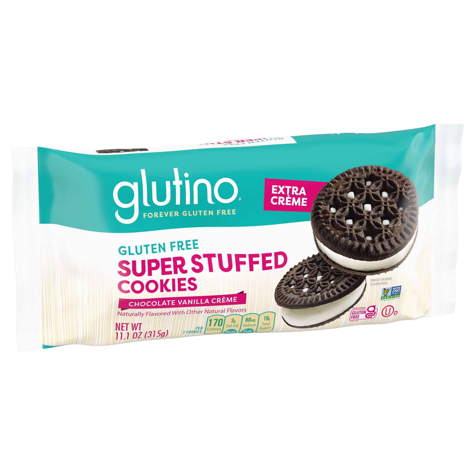 slide 3 of 5, GLUTINO Super Stuffed Chocolate Vanilla Creme Cookies, 11.1 oz, 11.1 oz