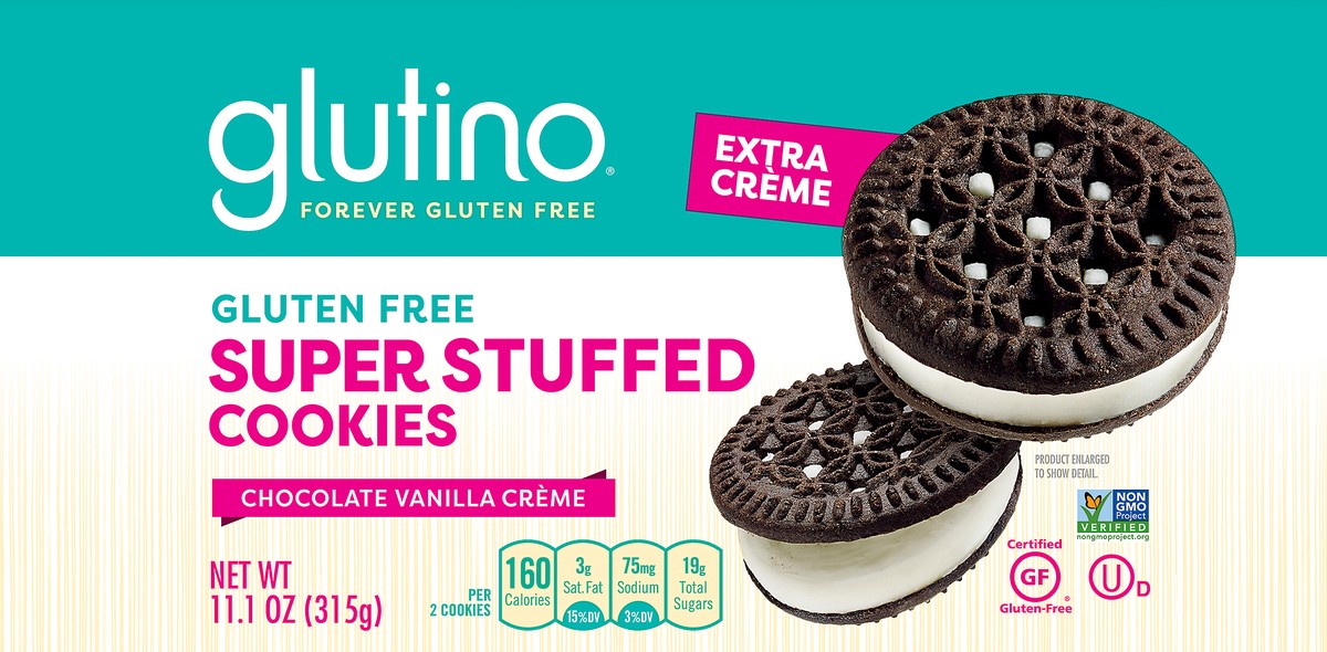 slide 1 of 5, GLUTINO Super Stuffed Chocolate Vanilla Creme Cookies, 11.1 oz, 11.1 oz