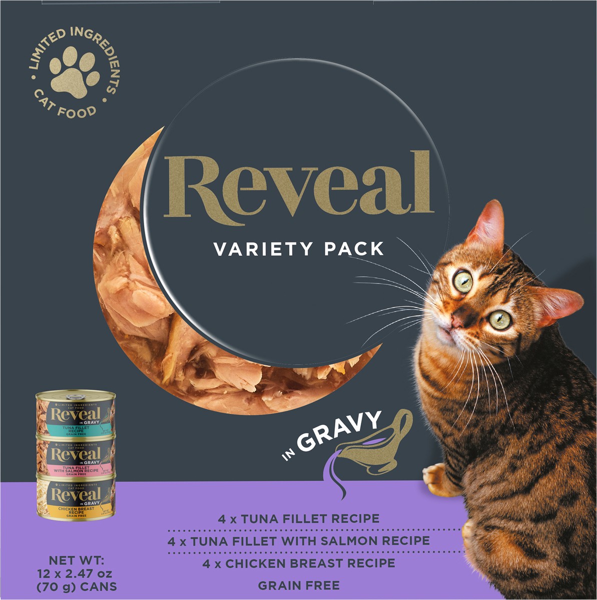 slide 3 of 6, Reveal Natural Wet Cat Food Variety Selection in Gravy, 12-Ct., 2.47 Oz. Can, 12 ct