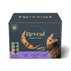 Reveal In Gravy Tuna Fillet Recipe/Tuna Fillet with Salmon Recipe/Chicken Breast Recipe Cat Food Variety Pack 12 - 2.47 oz Cans