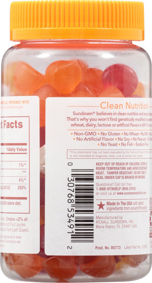 slide 4 of 9, Sundown 50 Mcg Gummies Strawberry, Orange & Lemon Flavored Vitamin D3 90 Gummies, 90 ct