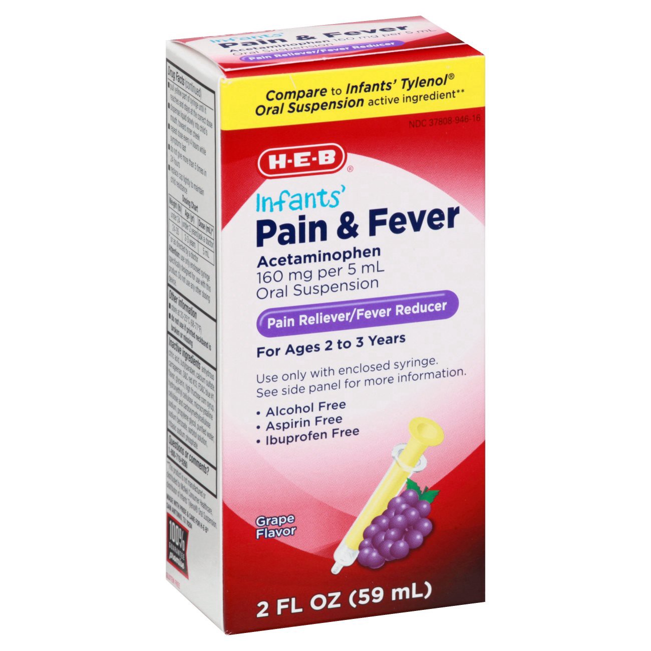 slide 1 of 1, H-E-B Infants' Pain and Fever Acetaminophen Suspension For Ages 2 To 3 Grape Flavor, 2 oz