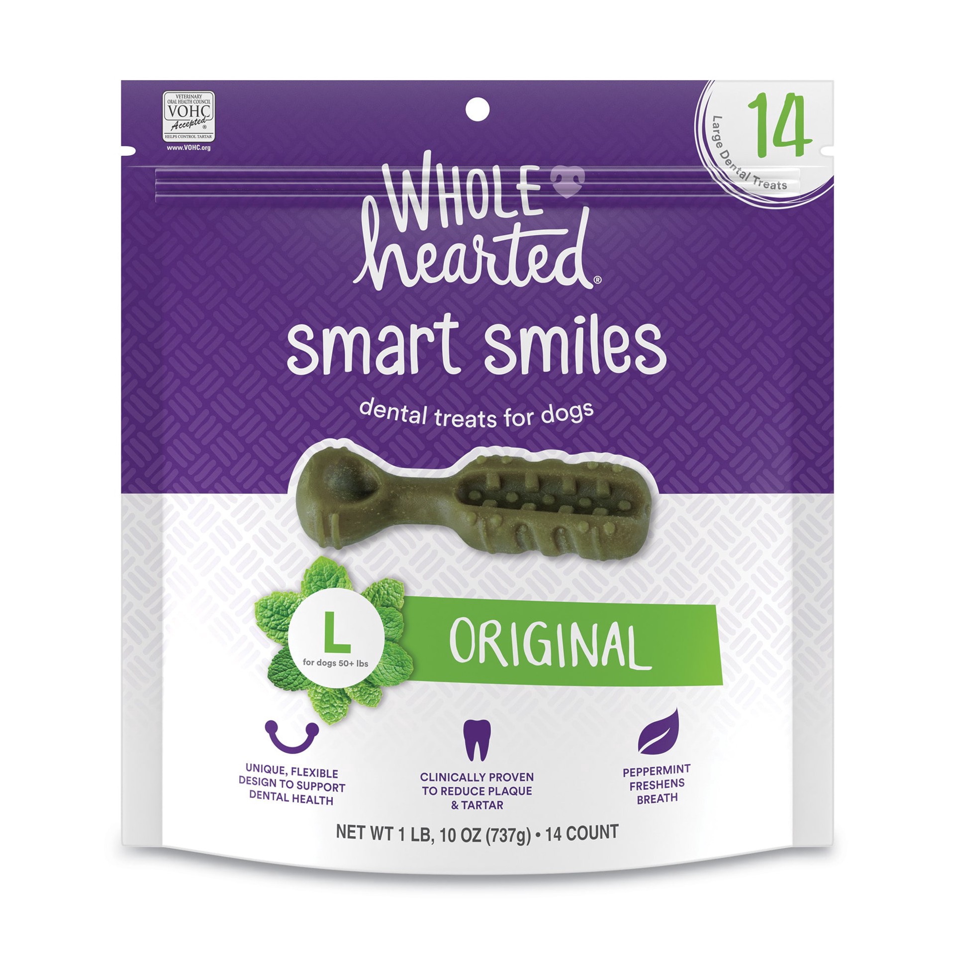 slide 1 of 1, WholeHearted Smart Smiles Original Flavor Dog Treats, 26 oz., Count of 14, 1 ct