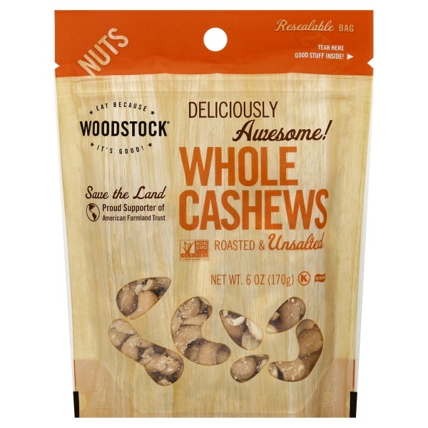 slide 1 of 1, Woodstock Farms Nuts - Roasted & Unsalted Whole Cashews, 6 oz