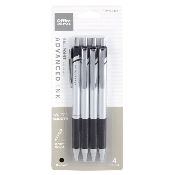 slide 1 of 2, Office Depot Brand Advanced Ink Retractable Ballpoint Pens, Needle Point, 0.7 Mm, Silver Barrel, Black Ink, Pack Of 4, 4 ct