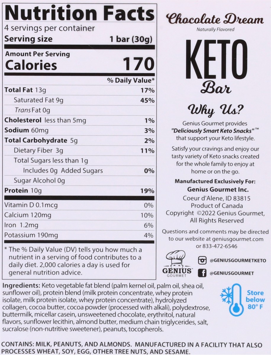 slide 4 of 9, Genius Gourmet Chocolate Dream Keto Bar 4 - 1.06 oz Bars, 4 ct