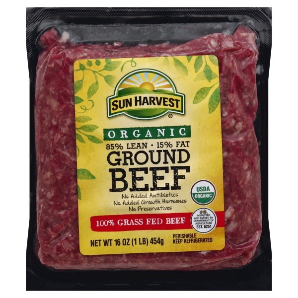 slide 1 of 1, Sun Harvest 85/15 Brick Organic Ground Beef, 1 lb