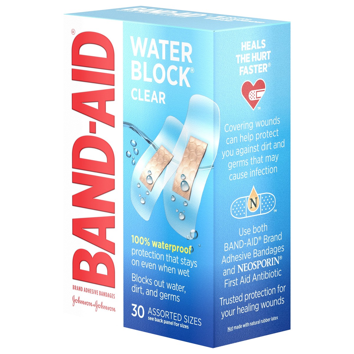 slide 2 of 8, BAND-AID Water Block Clear Waterproof Sterile Adhesive Bandages for First-Aid Care of Minor Wounds, Cuts, Scrapes & Burns, Quilt-Aid Pad to Cushion Wounds, Assorted Sizes, 30 ct, 30 ct