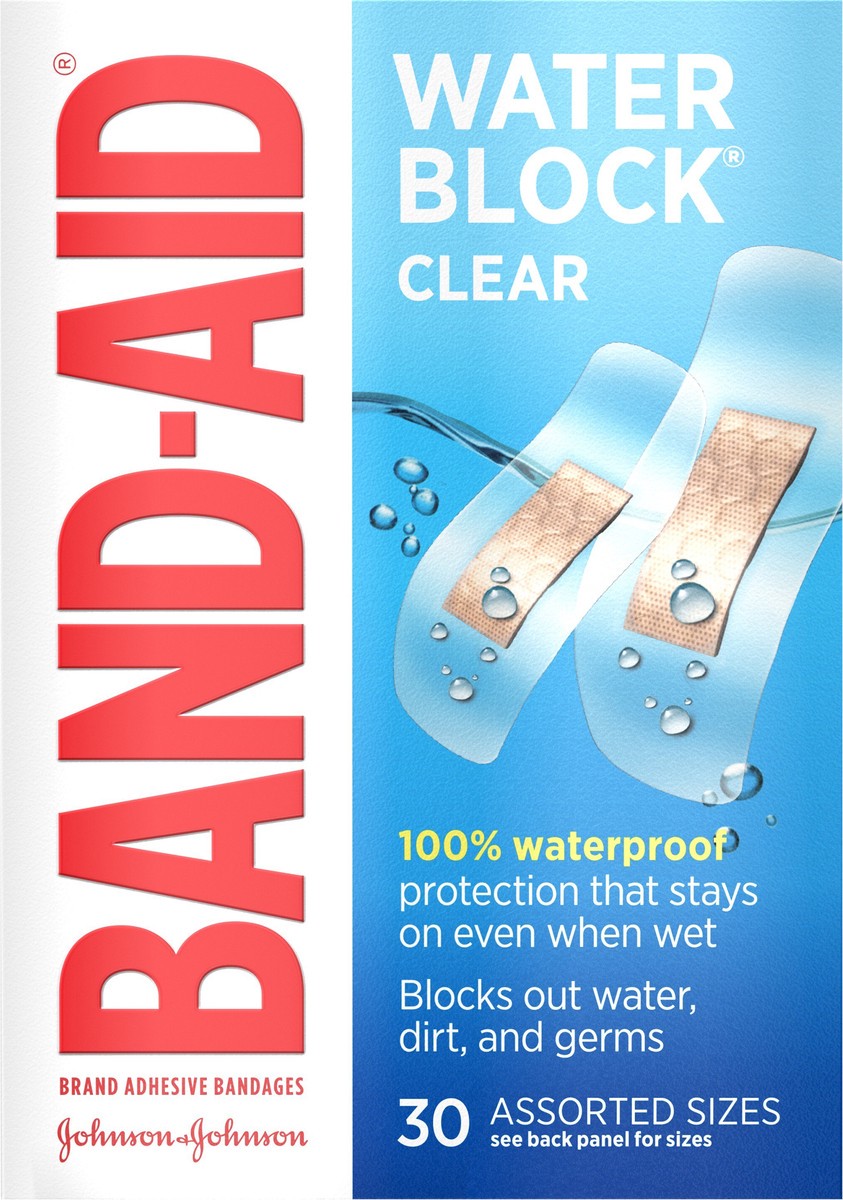 slide 5 of 8, BAND-AID Water Block Clear Waterproof Sterile Adhesive Bandages for First-Aid Care of Minor Wounds, Cuts, Scrapes & Burns, Quilt-Aid Pad to Cushion Wounds, Assorted Sizes, 30 ct, 30 ct