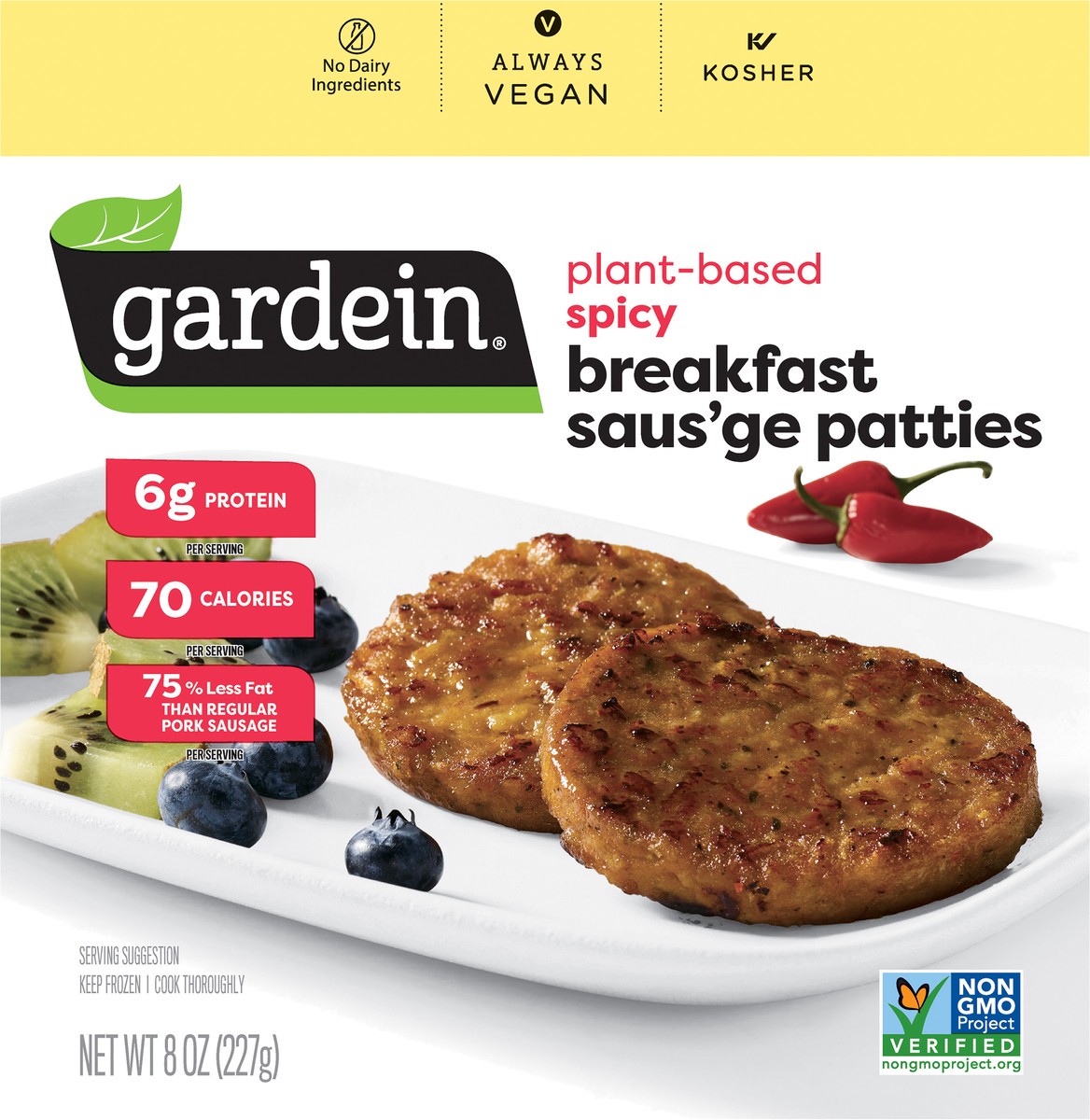 slide 4 of 7, Gardein Spicy Breakfast Plant-Based Saus'age Patties, Vegan, Frozen, 8 oz., 8 oz