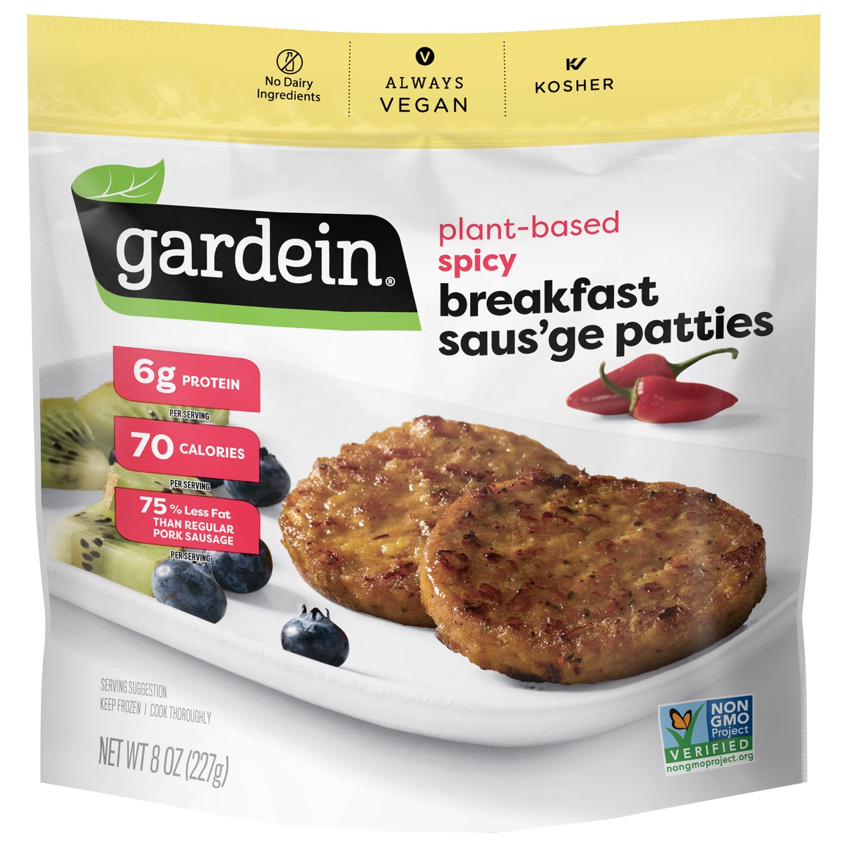slide 6 of 7, Gardein Spicy Breakfast Plant-Based Saus'age Patties, Vegan, Frozen, 8 oz., 8 oz