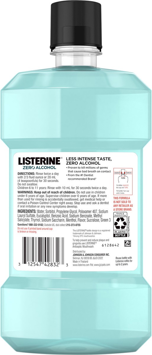 slide 2 of 11, Listerine Mouthwash, Zero Alcohol, Germ Killing, Less Intense Formula, Bad Breath Treatment, Alcohol Free Mouth Wash for Adults; Cool Mint Flavor, 500 mL (Pack of 6), 500 ml