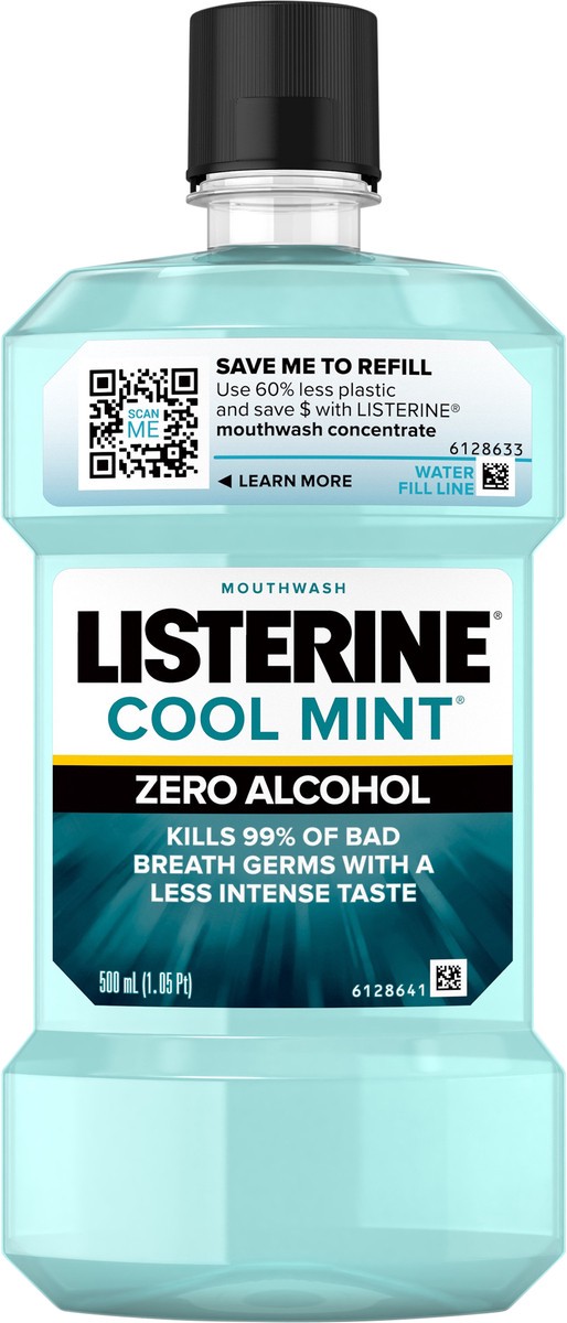 slide 7 of 11, Listerine Mouthwash, Zero Alcohol, Germ Killing, Less Intense Formula, Bad Breath Treatment, Alcohol Free Mouth Wash for Adults; Cool Mint Flavor, 500 mL (Pack of 6), 500 ml