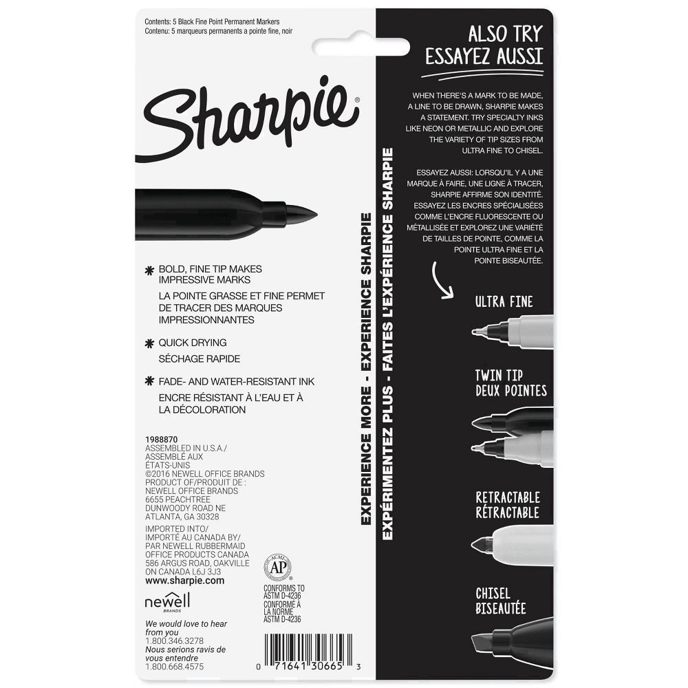 slide 35 of 37, Sharpie 5pk Permanent Markers Fine Tip Black, 5 ct