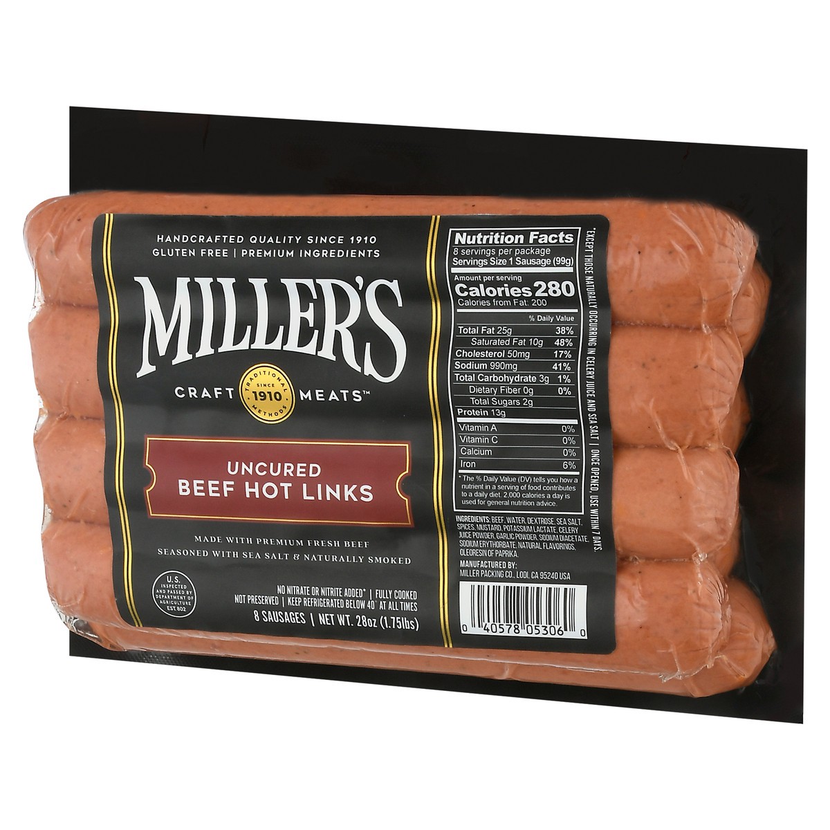 slide 11 of 12, Miller's Craft Meats Uncured Beef Hot Links 8 ea, 8 ct