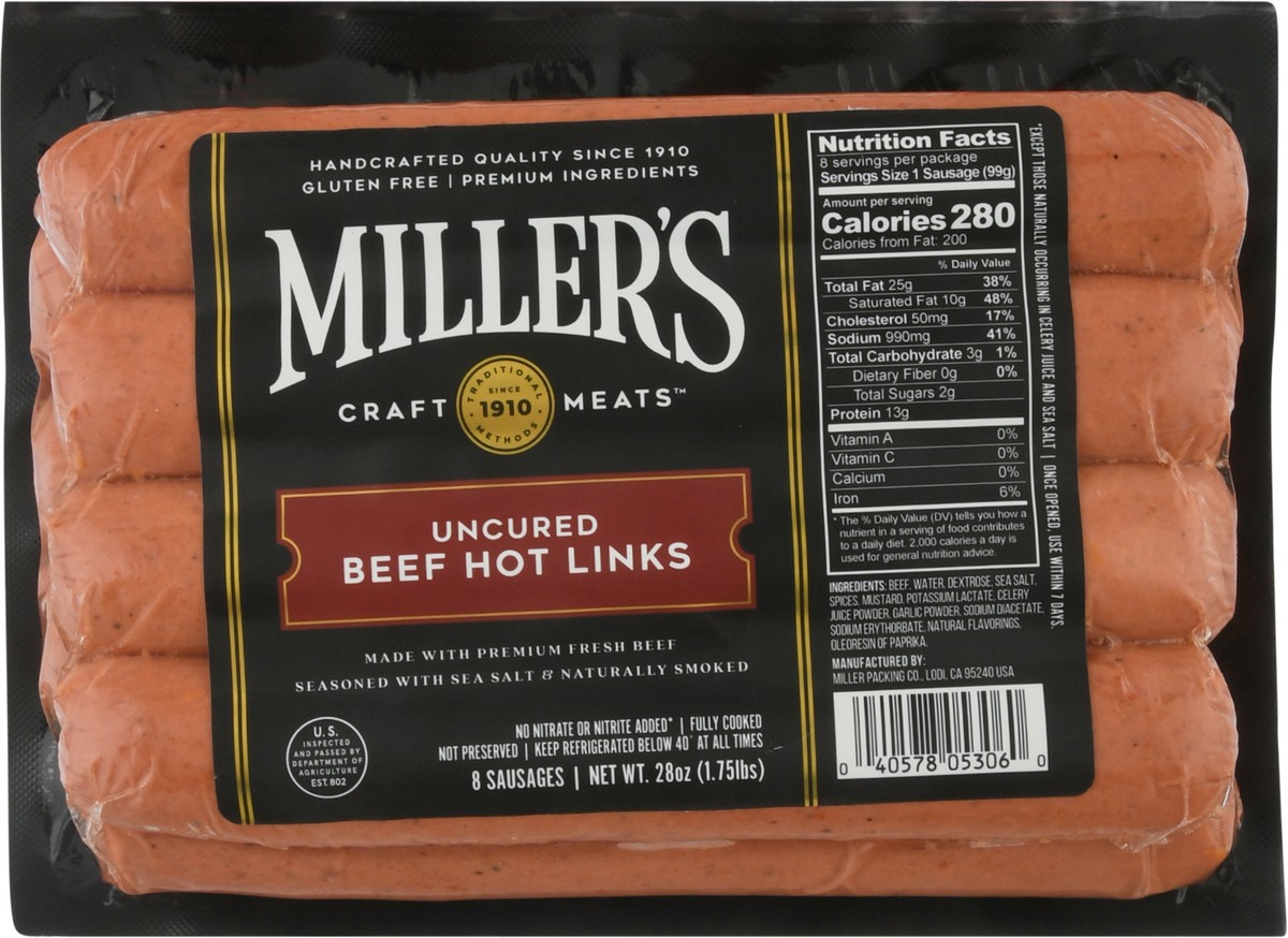 slide 6 of 12, Miller's Craft Meats Uncured Beef Hot Links 8 ea, 8 ct