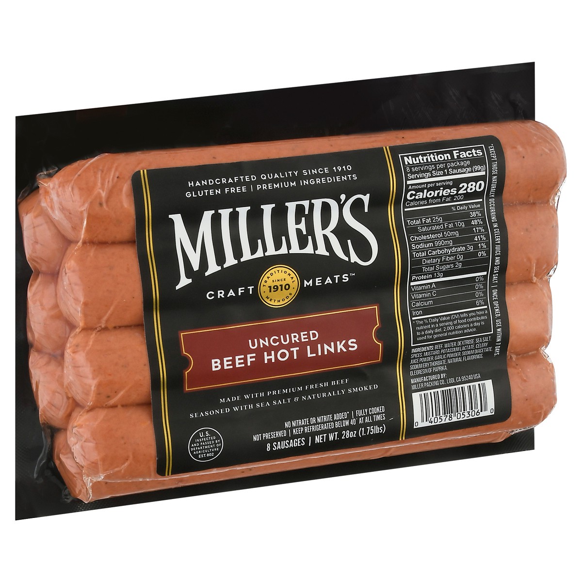 slide 8 of 12, Miller's Craft Meats Uncured Beef Hot Links 8 ea, 8 ct