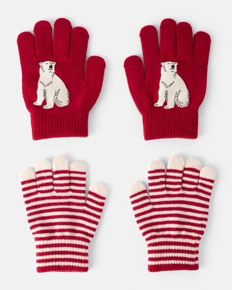 slide 1 of 1, Carter's Boys 2-Pack Striped Polar Bear Winter Gloves - Red Red 8-14, 1 ct