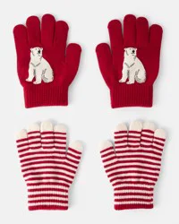 Carter's Boys 2-Pack Striped Polar Bear Winter Gloves - Red Red 8-14
