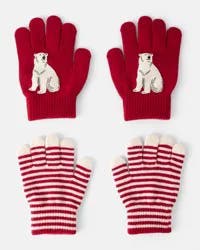 Carter's Boys 2-Pack Striped Polar Bear Winter Gloves - Red Red 8-14