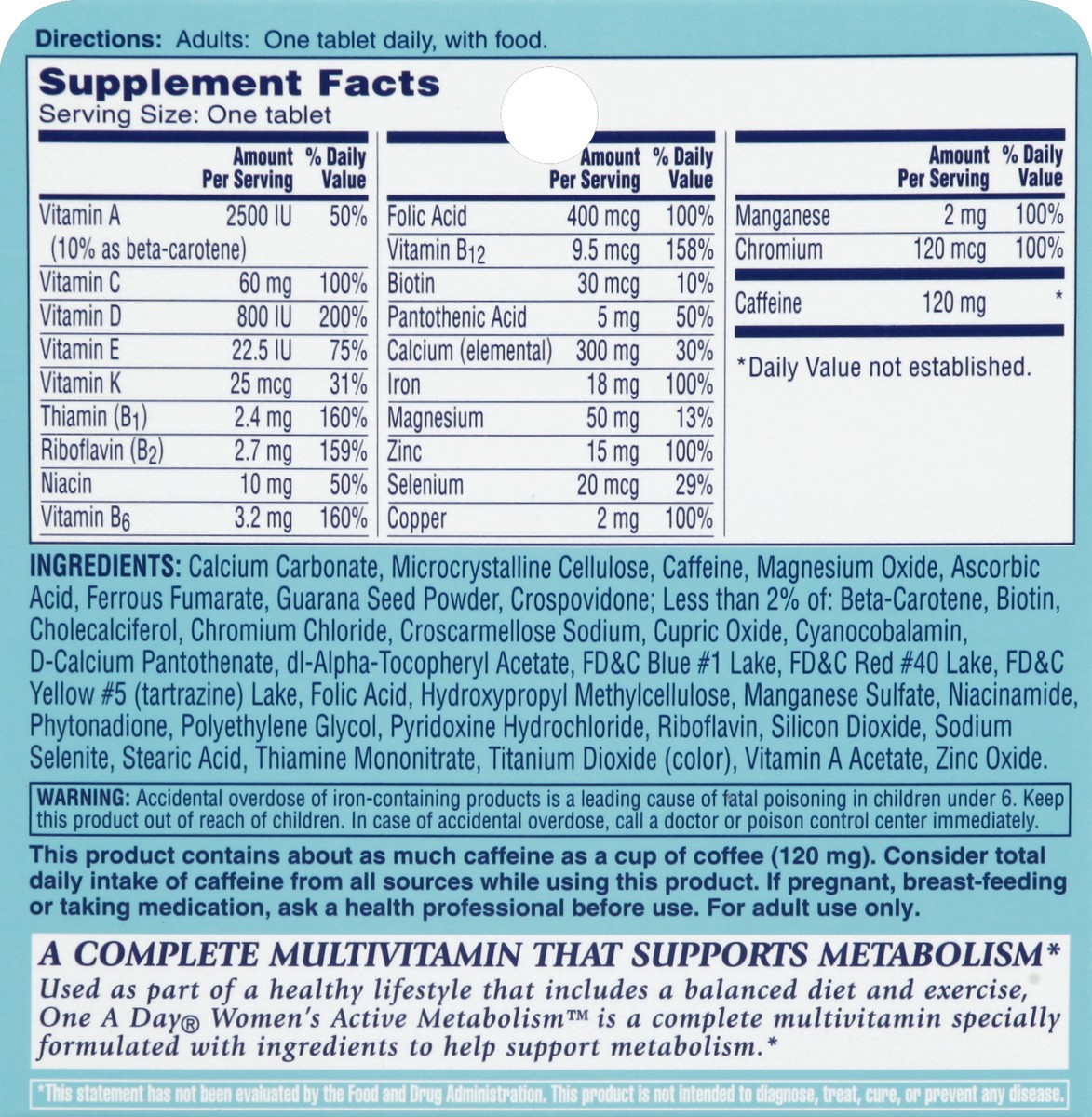 slide 5 of 5, One A Day Women's Active Metabolism Multivitamin/Multimineral Supplement, 50 ct