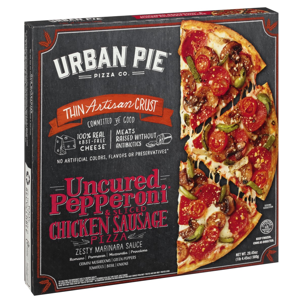 slide 6 of 10, Urban Pie Pizza Co. Thin Artisan Crust Uncured Pepperoni & Sliced Chicken Sausage Pizza 20.45 oz Box, 20.45 oz