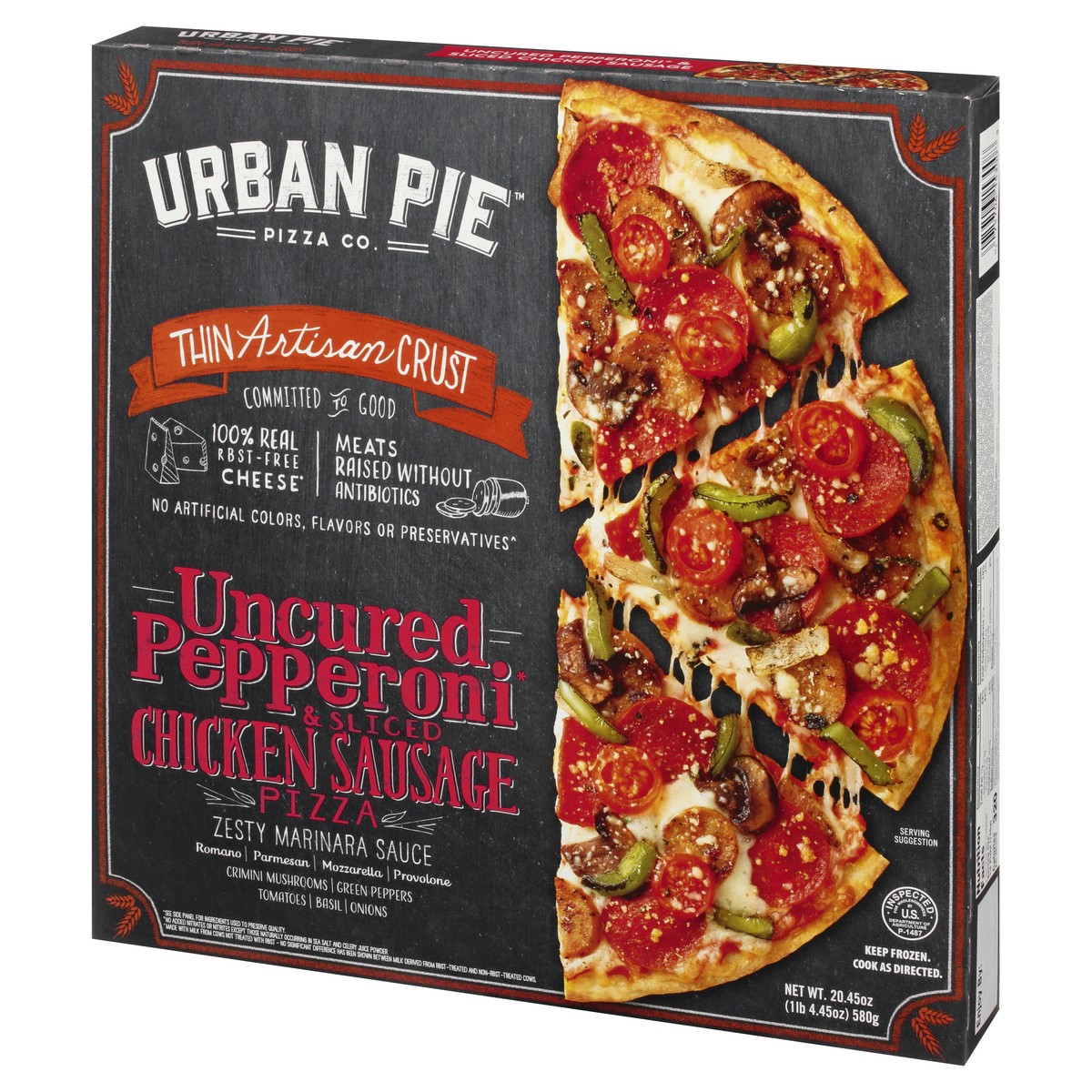 slide 2 of 10, Urban Pie Pizza Co. Thin Artisan Crust Uncured Pepperoni & Sliced Chicken Sausage Pizza 20.45 oz Box, 20.45 oz