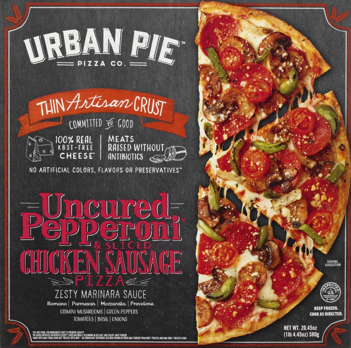 slide 4 of 10, Urban Pie Pizza Co. Thin Artisan Crust Uncured Pepperoni & Sliced Chicken Sausage Pizza 20.45 oz Box, 20.45 oz