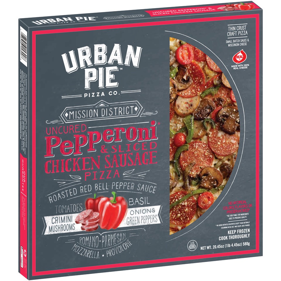 slide 1 of 10, Urban Pie Pizza Co. Thin Artisan Crust Uncured Pepperoni & Sliced Chicken Sausage Pizza 20.45 oz Box, 20.45 oz