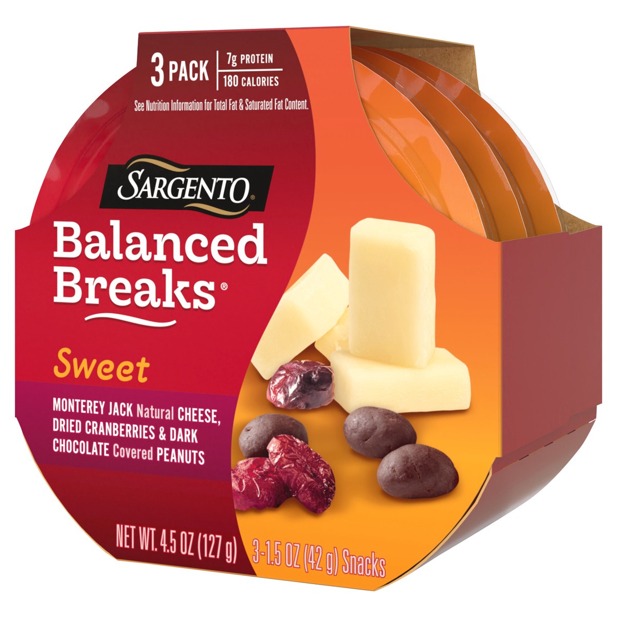 slide 9 of 9, Sargento Sweet Balanced Breaks Monterey Jack Natural Cheese, Dried Cranberries and Dark Chocolate Covered Peanuts, 3-Pack, 3 ct; 1.5 oz