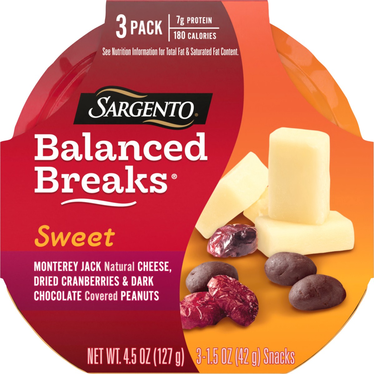 slide 8 of 9, Sargento Sweet Balanced Breaks Monterey Jack Natural Cheese, Dried Cranberries and Dark Chocolate Covered Peanuts, 3-Pack, 3 ct; 1.5 oz