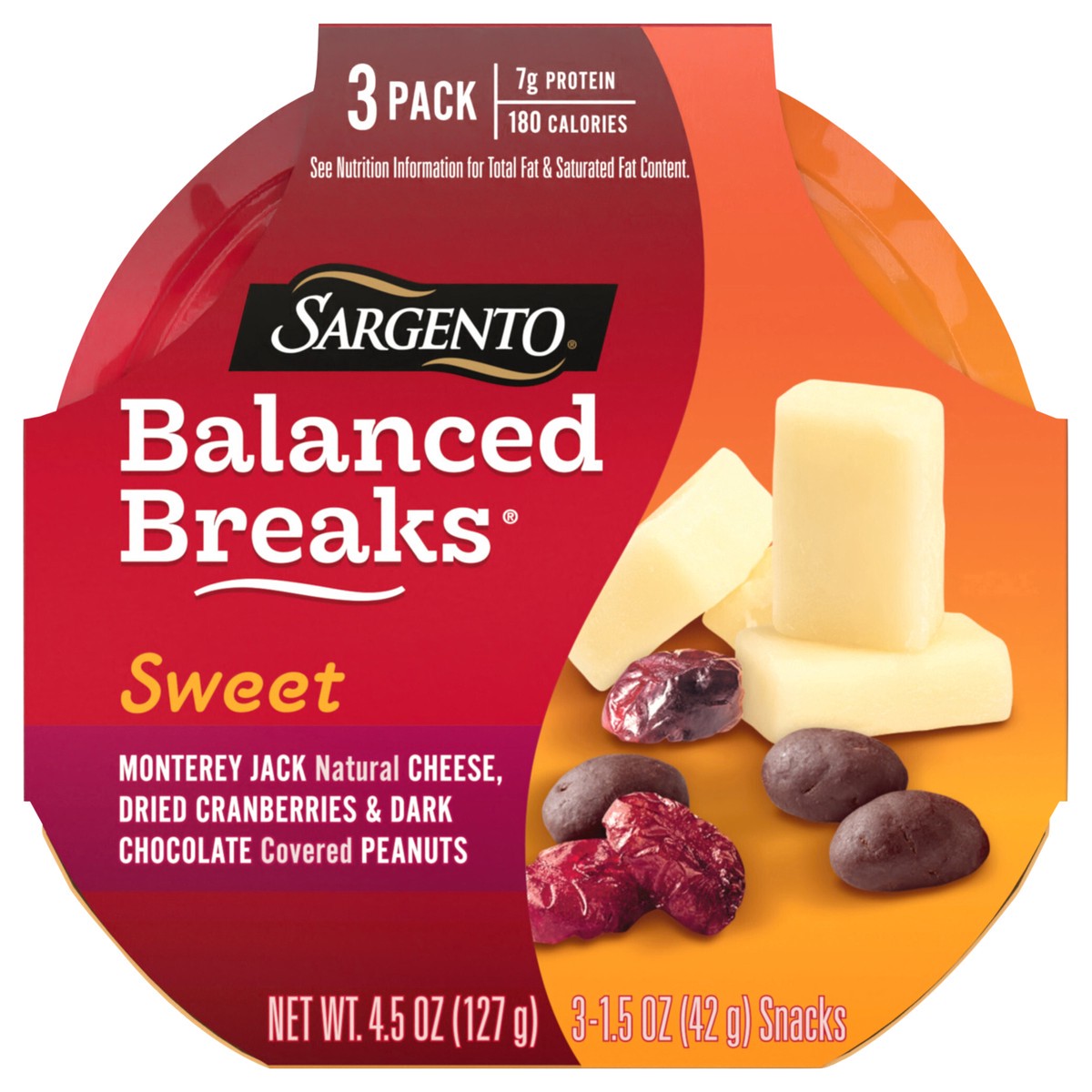 slide 1 of 9, Sargento Sweet Balanced Breaks Monterey Jack Natural Cheese, Dried Cranberries and Dark Chocolate Covered Peanuts, 3-Pack, 3 ct; 1.5 oz