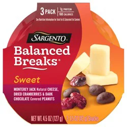 Sargento Sweet Balanced Breaks Natural Monterey Jack Natural Cheese, Dried Cranberries and Dark Chocolate Covered Peanuts Snack Kit, 3-Pack