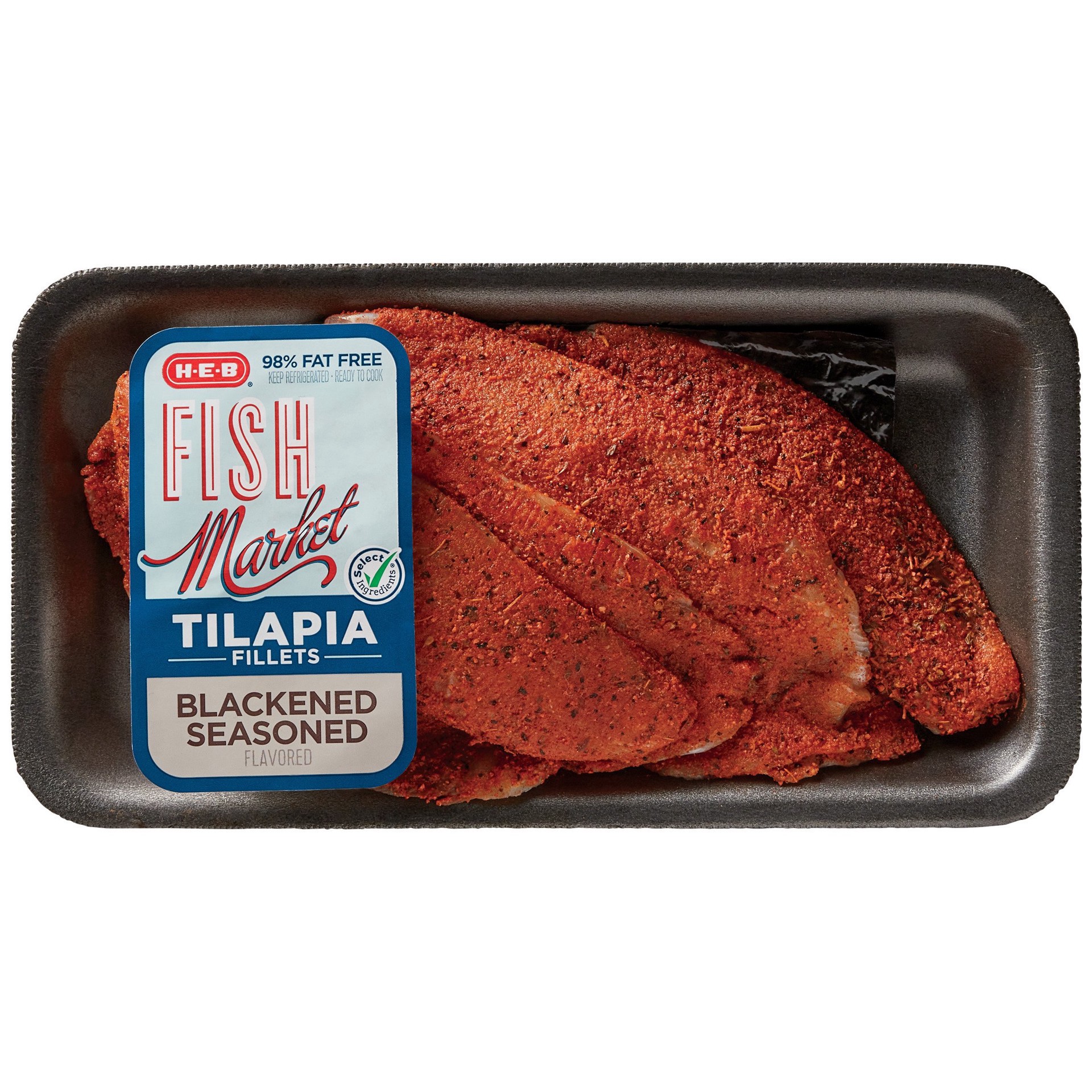 slide 1 of 1, H-E-B Fish Market Seasoned Tilapia Fillets - Blackened Flavored, per lb