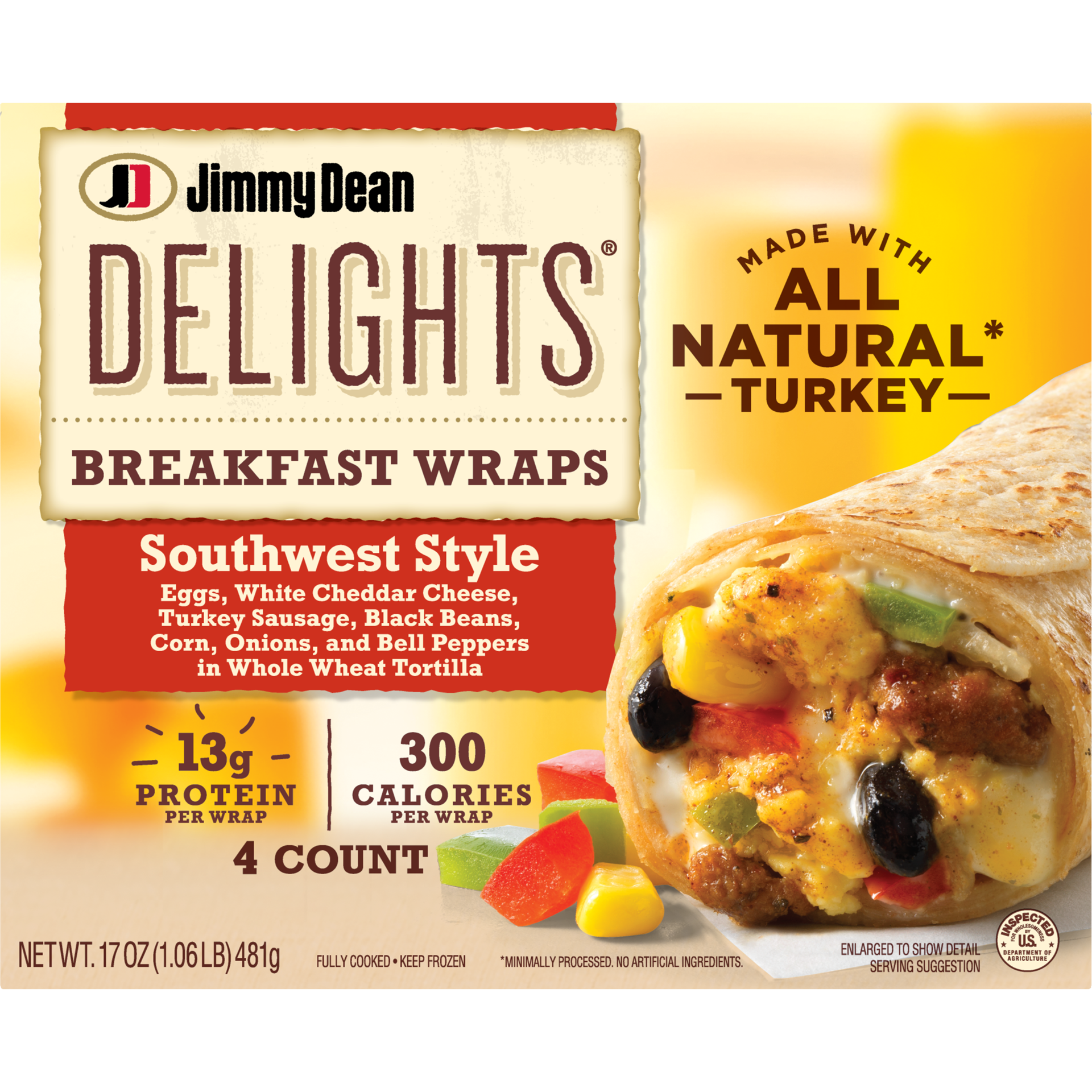 slide 1 of 8, Jimmy Dean Delights Breakfast Wrap, Southwest Style, Frozen, 4 Count, 17 oz