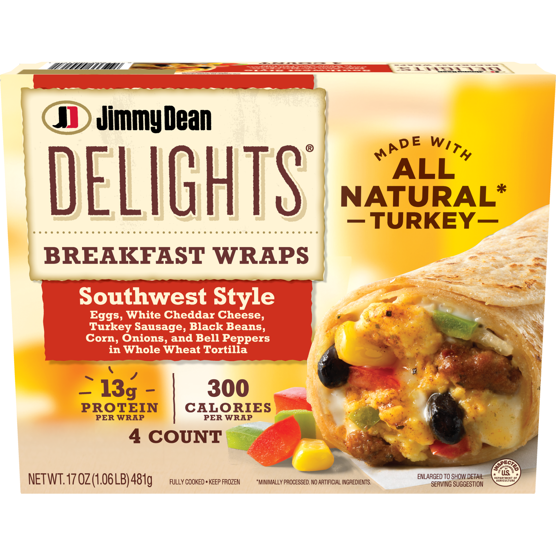 slide 1 of 8, Jimmy Dean Delights Breakfast Wrap, Southwest Style, Frozen, 4 Count, 17 oz