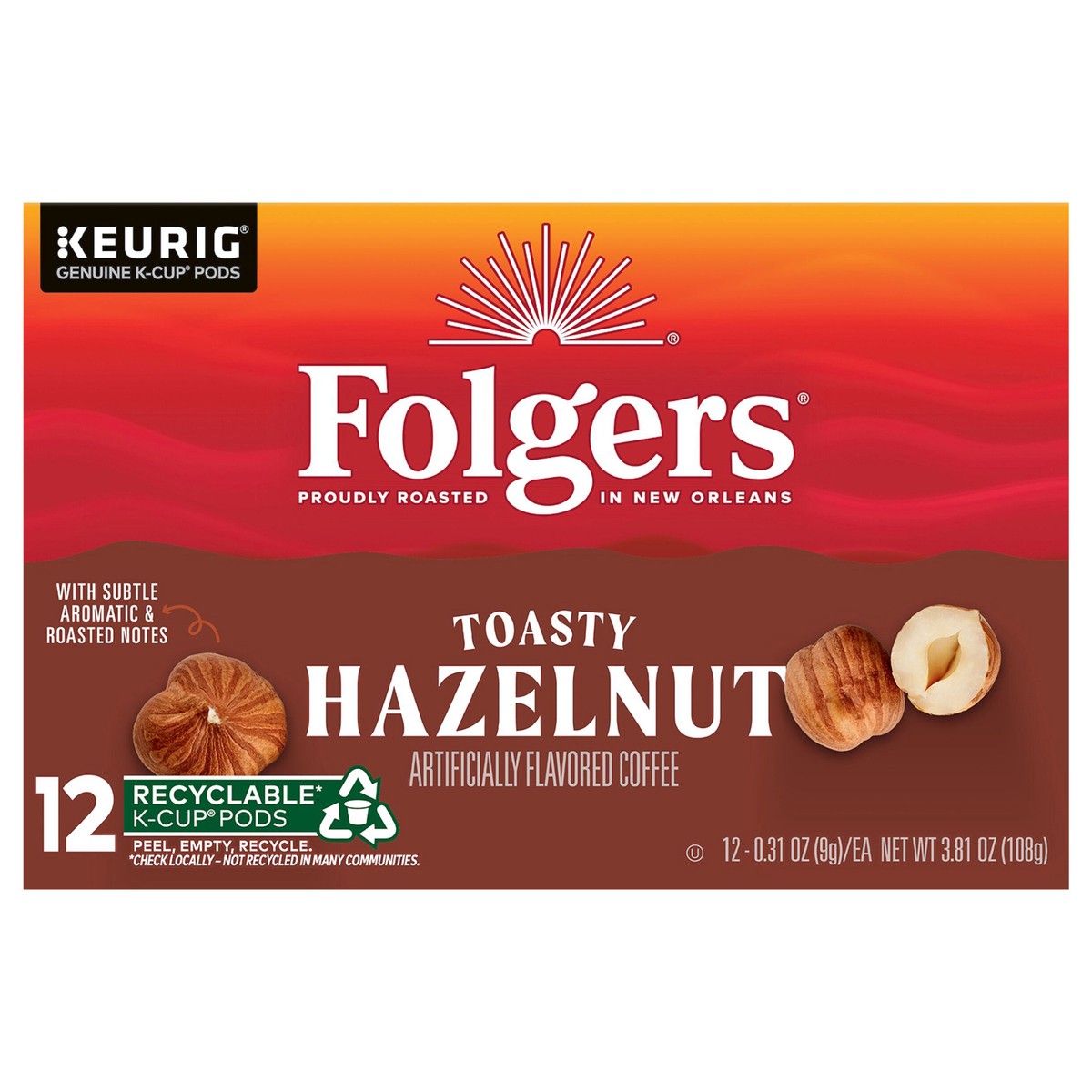 slide 1 of 6, Folgers Toasty Hazelnut Artificially Flavored Coffee, 12 K-Cup Pods - 12 ct, 12 ct