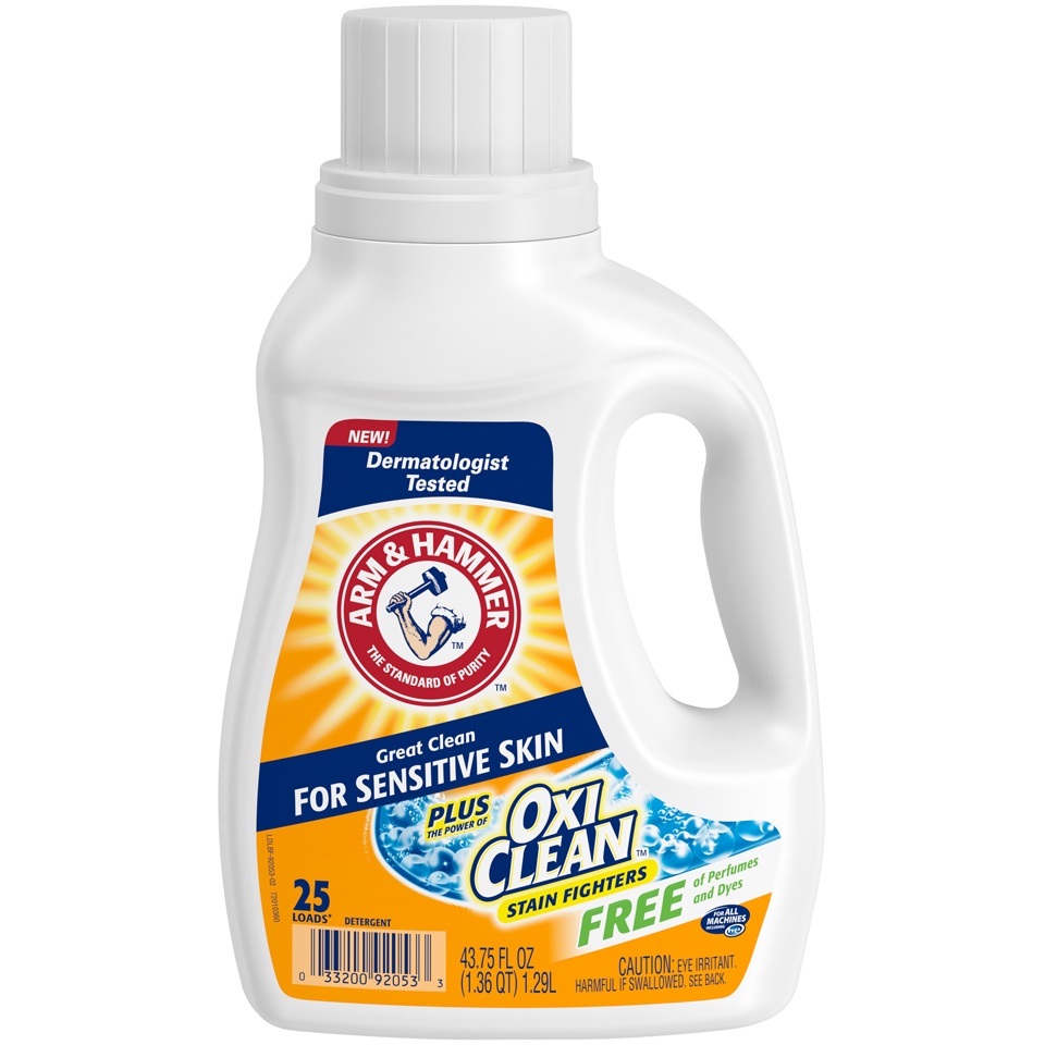 slide 1 of 4, ARM & HAMMER Oxiclean Stain Fighters Sensitive Skin Laundry Detergent, 43.75 fl oz