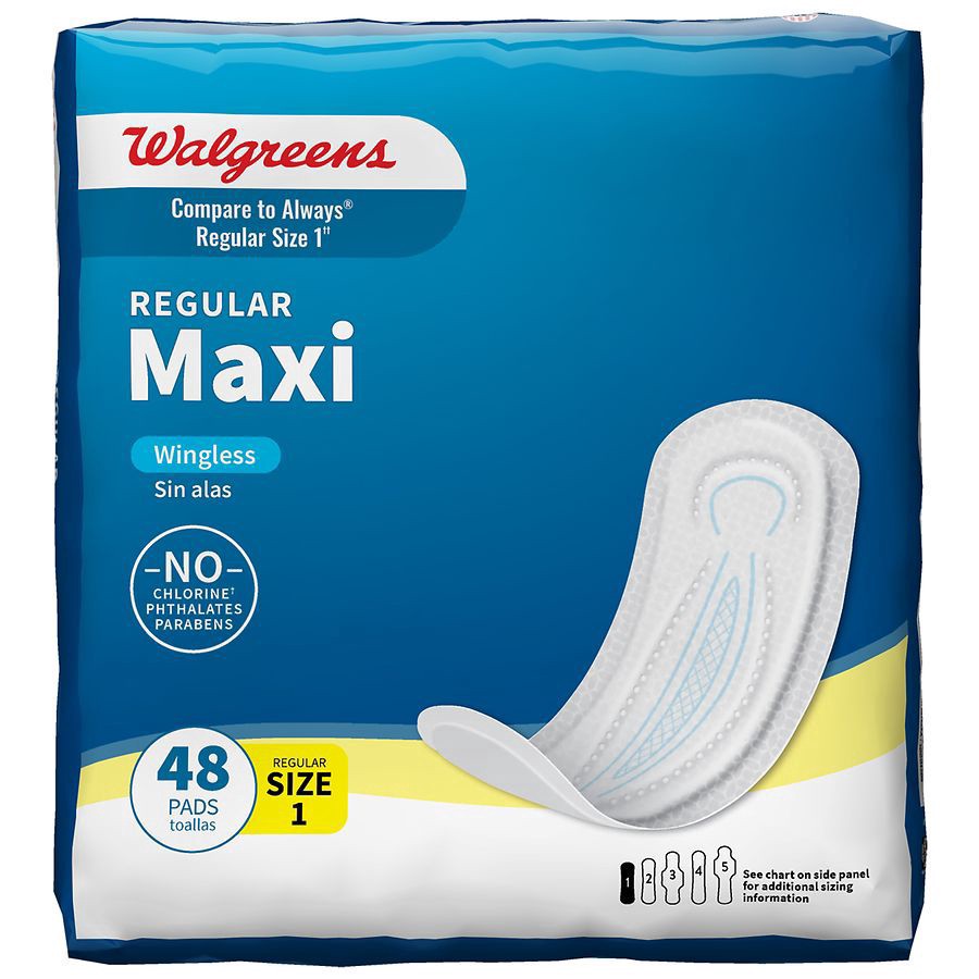 slide 1 of 5, Walgreens Regular Unscented Maxi Pads, 48 ct