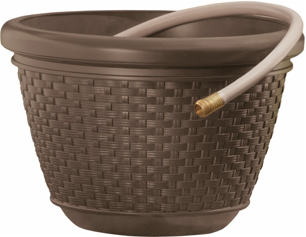 slide 1 of 1, Suncast Resin Wicker Hose Pot - Java, 18 in x 18 in x 12 in