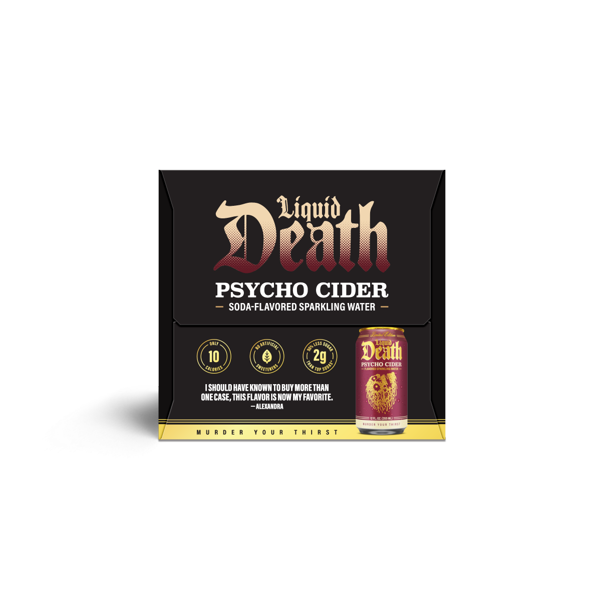 slide 4 of 5, Liquid Death, Psycho Cider, Soda-Flavored Sparkling Water, 6-Pack (12oz Cans), Low Calorie & No Artificial Sweeteners, 6 ct; 12 oz