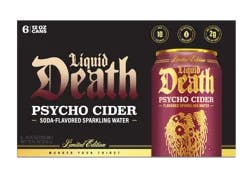 Liquid Death, Psycho Cider, Soda-Flavored Sparkling Water, 6-Pack (12oz Cans), Low Calorie & No Artificial Sweeteners